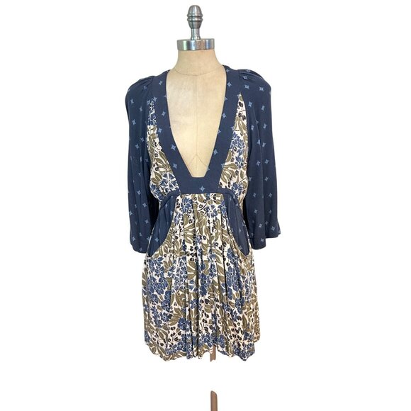 Free People Women Chiffon Boho Blue Print Mini Dress Small - Picture 3 of 7